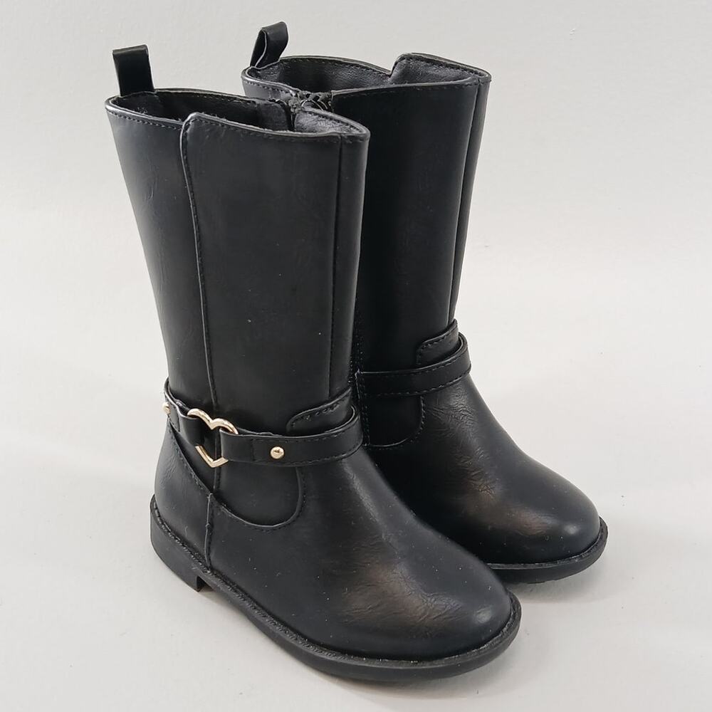 The Children's Place Toddler Heart Buckle Faux Leather Tall Black Boots Girls 7